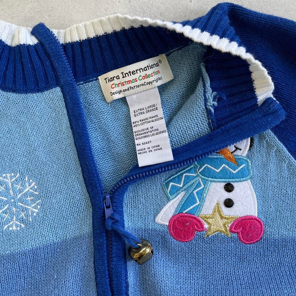 Vintage Tiara International Blue Embroidered Christmas Snowman Zippered Cardigan - Picture 3 of 7